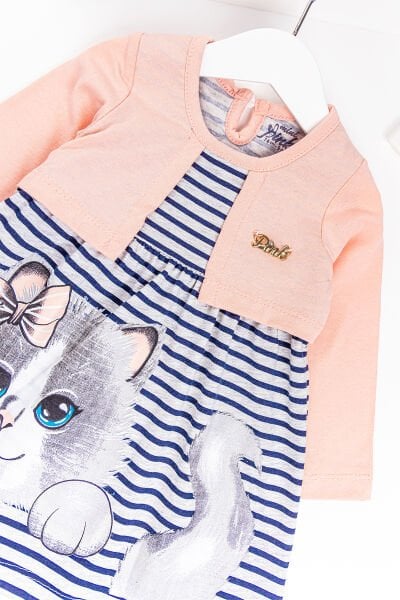 Bolerolu Kedi Baskılı Kız Bebek Elbise