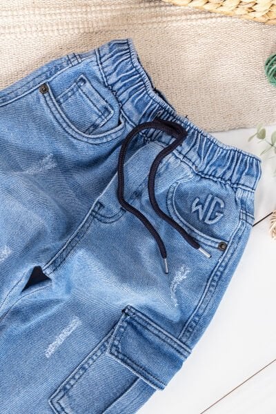 Kargo Cepli Denim Kumaş Beli Lastikli Erkek Çocuk Kot Pantolon