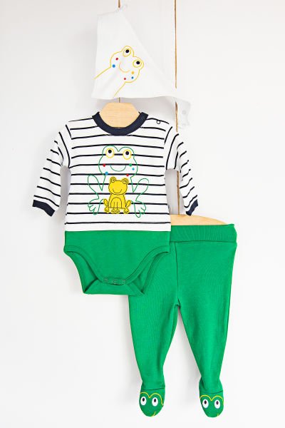 Kurbağa Figürlü Çıt Çıtlı Body Bebek Takım Layette