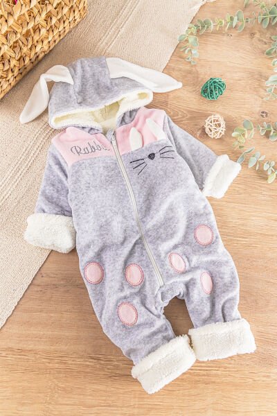 Tavşan Figürlü Peluş Welsoft Astarlı Kadife Kız/Erkek Bebek Tulum GRİ -  0-3 AY