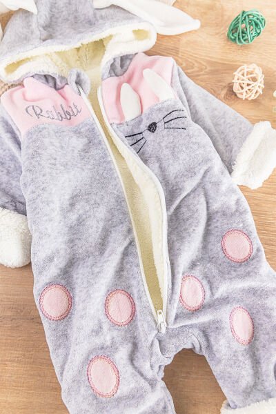 Tavşan Figürlü Peluş Welsoft Astarlı Kadife Kız/Erkek Bebek Tulum GRİ -  0-3 AY