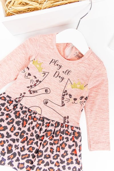 Leopar Desenli Kedi Baskılı Kız Bebek Elbise