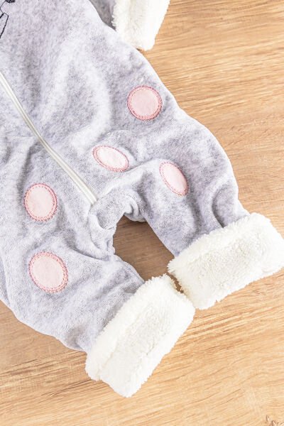 Tavşan Figürlü Peluş Welsoft Astarlı Kadife Kız/Erkek Bebek Tulum GRİ - 9 Ay