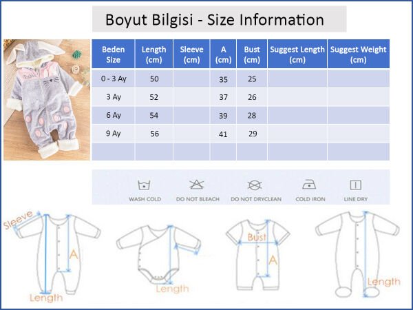 Tavşan Figürlü Peluş Welsoft Astarlı Kadife Kız/Erkek Bebek Tulum GRİ - 9 Ay