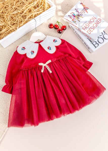 Bebe Yaka Tül  Etekli Şık Özel Gün Kadife Bebek Elbise KIRMIZI -  6-9 AY