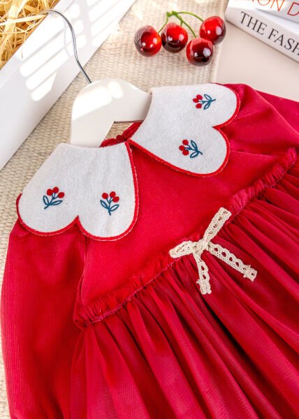 Bebe Yaka Tül  Etekli Şık Özel Gün Kadife Bebek Elbise KIRMIZI -  6-9 AY