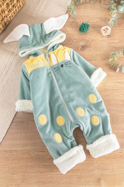 Tavşan Figürlü Peluş Welsoft Astarlı Kadife Kız/Erkek Bebek Tulum YEŞİL -  0-3 AY