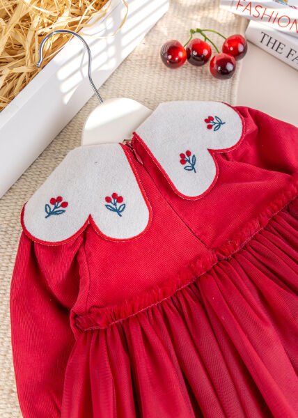 Bebe Yaka Tül  Etekli Şık Özel Gün Kadife Bebek Elbise KIRMIZI -  9-12 AY