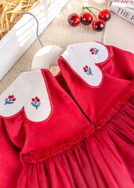 Bebe Yaka Tül  Etekli Şık Özel Gün Kadife Bebek Elbise KIRMIZI -  12-18 AY