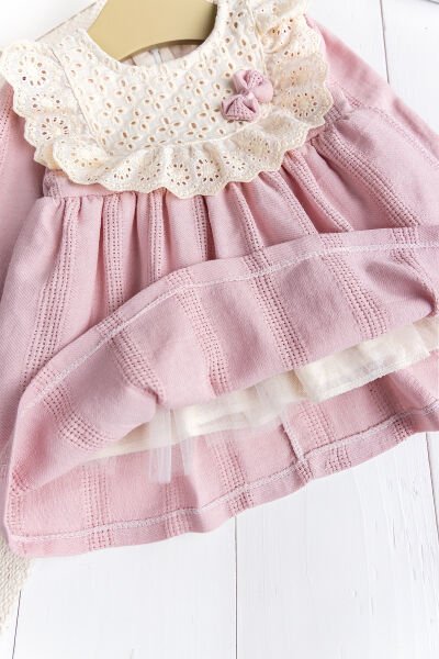 Fistolu Kare Yaka %100 Pamuk Pembe Kız Bebek Elbise Özel Gün Doğum Günü