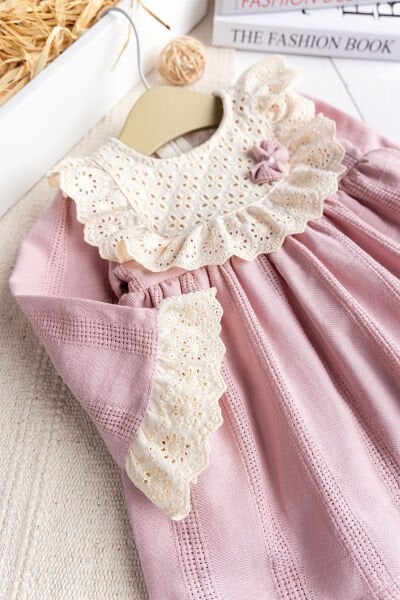 Fistolu Kare Yaka %100 Pamuk Pembe Kız Bebek Elbise Özel Gün Doğum Günü