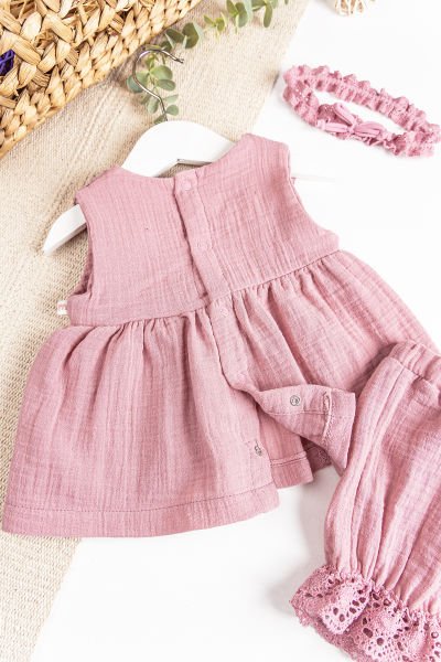 Güpürlü Bandanalı Müslin 3'lü Takım Kız Bebek Elbise Gül kurusu -  6-9 AY