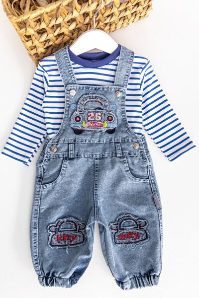 Araba Figürlü Denim Kumaş Erkek Bebek Salopet Tulum Takım