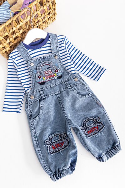 Araba Figürlü Denim Kumaş Erkek Bebek Salopet Tulum Takım