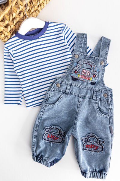 Araba Figürlü Denim Kumaş Erkek Bebek Salopet Tulum Takım