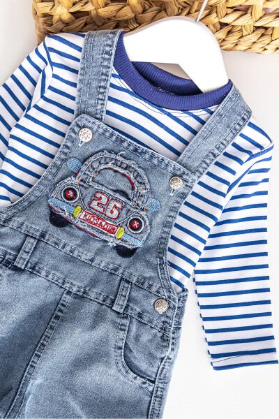 Araba Figürlü Denim Kumaş Erkek Bebek Salopet Tulum Takım