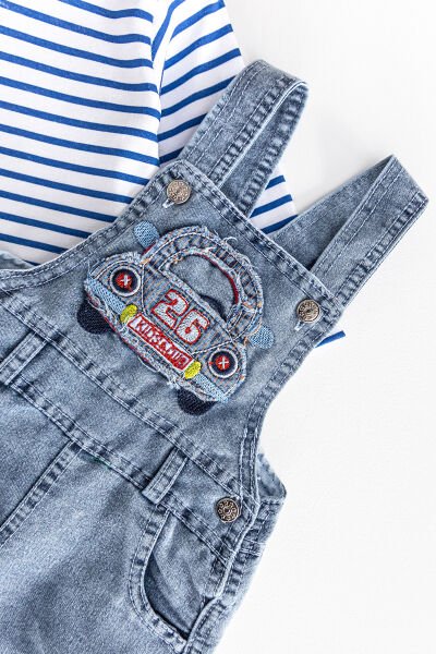 Araba Figürlü Denim Kumaş Erkek Bebek Salopet Tulum Takım