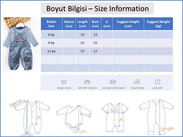 Araba Figürlü Denim Kumaş Erkek Bebek Salopet Tulum Takım