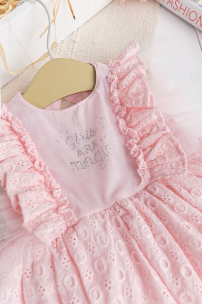 Fırfırlı Tüllü Sırt Dekolteli Yazlık Kız Bebek Elbise PEMBE - 3-6 AY