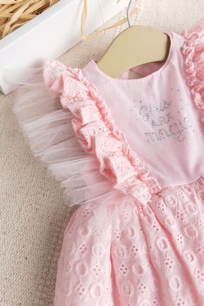 Fırfırlı Tüllü Sırt Dekolteli Yazlık Kız Bebek Elbise PEMBE - 3-6 AY