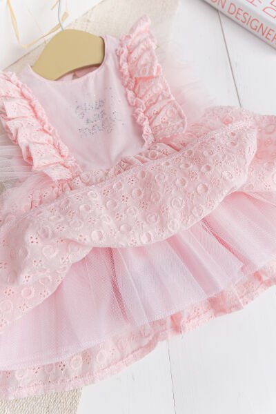 Fırfırlı Tüllü Sırt Dekolteli Yazlık Kız Bebek Elbise PEMBE -  6-9 AY