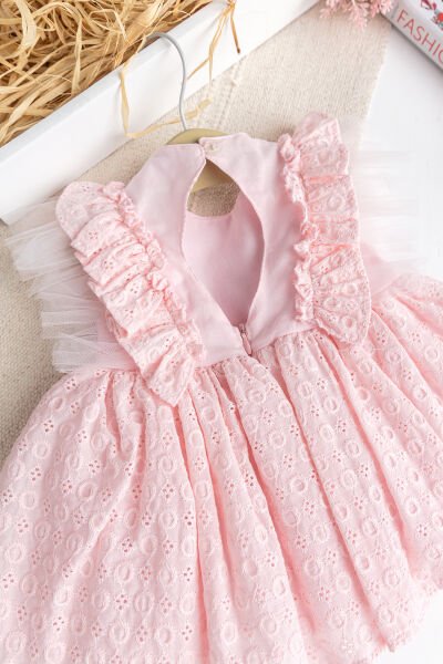Fırfırlı Tüllü Sırt Dekolteli Yazlık Kız Bebek Elbise PEMBE -  6-9 AY