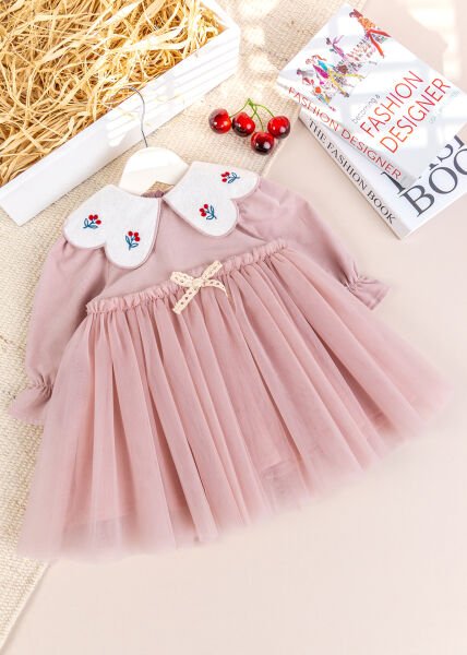 Bebe Yaka Tül  Etekli Şık Özel Gün Kadife Bebek Elbise PEMBE - 18-24 AY