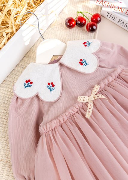 Bebe Yaka Tül  Etekli Şık Özel Gün Kadife Bebek Elbise PEMBE - 18-24 AY
