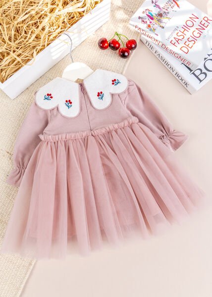 Bebe Yaka Tül  Etekli Şık Özel Gün Kadife Bebek Elbise PEMBE - 18-24 AY