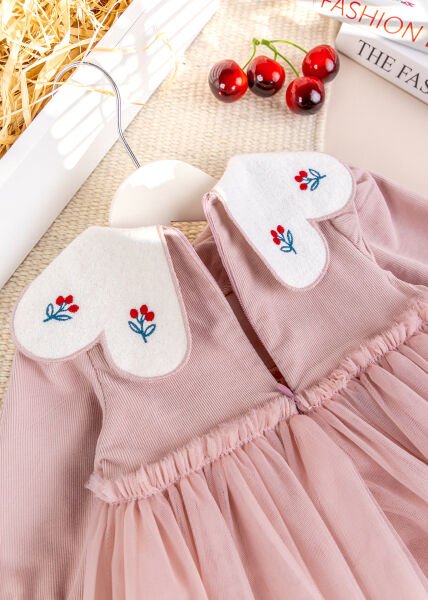 Bebe Yaka Tül  Etekli Şık Özel Gün Kadife Bebek Elbise PEMBE - 18-24 AY