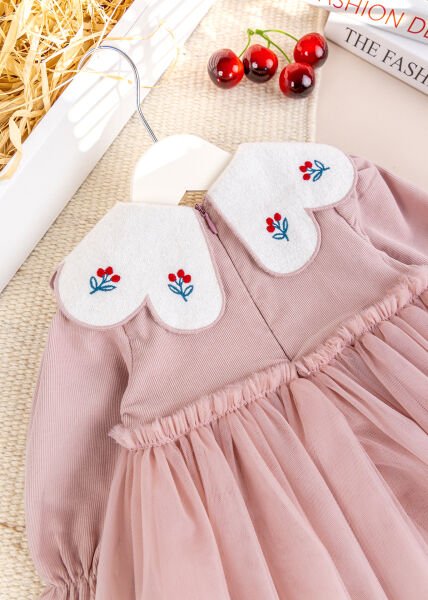 Bebe Yaka Tül  Etekli Şık Özel Gün Kadife Bebek Elbise PEMBE - 18-24 AY
