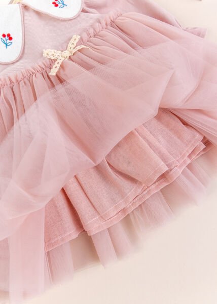 Bebe Yaka Tül  Etekli Şık Özel Gün Kadife Bebek Elbise PEMBE - 18-24 AY