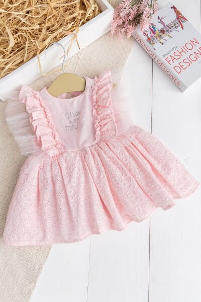Fırfırlı Tüllü Sırt Dekolteli Yazlık Kız Bebek Elbise PEMBE -  9-12 AY