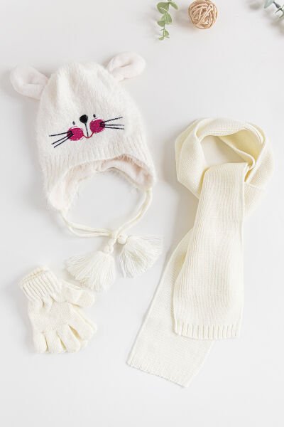 Tavşan Figürlü 1-4 Yaş Kız Çocuk Atkı Bere Eldiven Takımı KREM - 1-4 Yaş