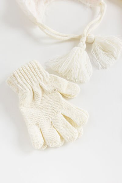 Tavşan Figürlü 1-4 Yaş Kız Çocuk Atkı Bere Eldiven Takımı KREM - 1-4 Yaş