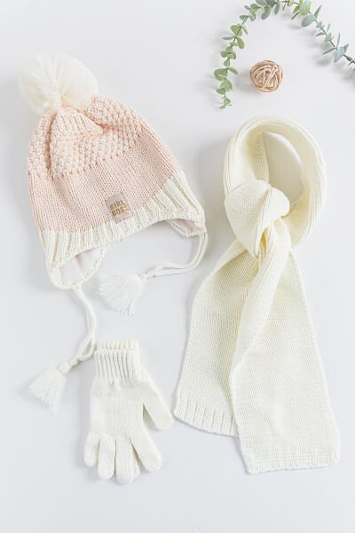 4-8 Yaş Ponponlu Kız Çocuk Atkı Bere Eldiven Takımı