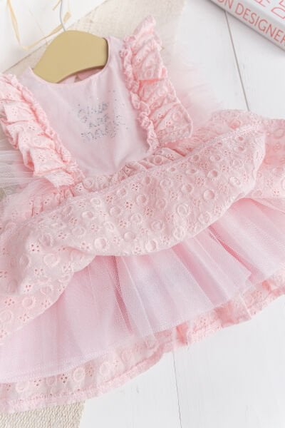 Fırfırlı Tüllü Sırt Dekolteli Yazlık Kız Bebek Elbise PEMBE -  12-18 AY