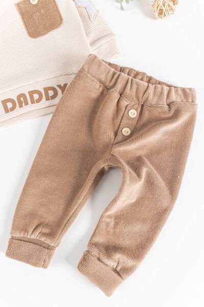 Daddy Baskılı Kadife 2'li Erkek Bebek Takım BEJ -  9-12 AY