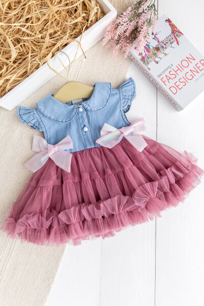 Fiyonklu Bebe YakaTüllü  Şık Dogum Günü Özel Gün Kız Bebek Elbise