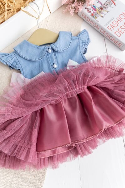 Fiyonklu Bebe YakaTüllü  Şık Dogum Günü Özel Gün Kız Bebek Elbise