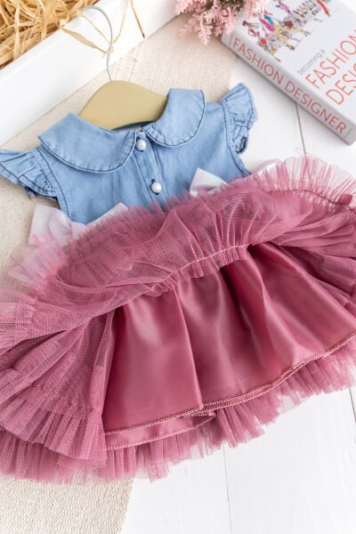 Fiyonklu Bebe YakaTüllü  Şık Dogum Günü Özel Gün Kız Bebek Elbise