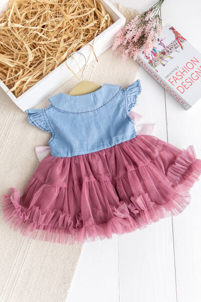 Fiyonklu Bebe YakaTüllü  Şık Dogum Günü Özel Gün Kız Bebek Elbise