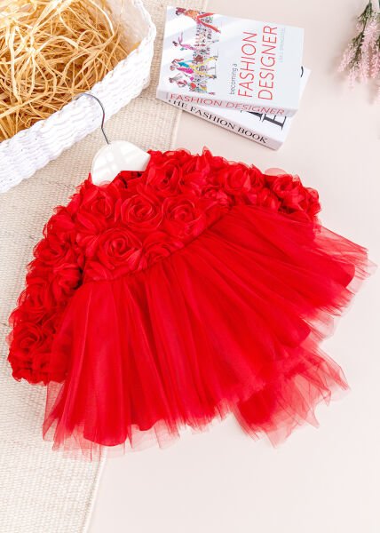 Fiyonklu Güllü Tül Detaylı Şık Dogum Günü Özel Gün Kız Bebek/Çocuk Elbise KIRMIZI - 2 Yaş