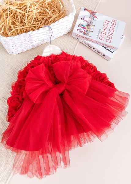 Fiyonklu Güllü Tül Detaylı Şık Dogum Günü Özel Gün Kız Bebek/Çocuk Elbise KIRMIZI - 2 Yaş