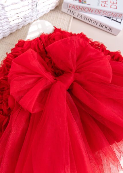 Fiyonklu Güllü Tül Detaylı Şık Dogum Günü Özel Gün Kız Bebek/Çocuk Elbise KIRMIZI - 2 Yaş