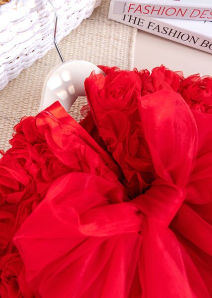 Fiyonklu Güllü Tül Detaylı Şık Dogum Günü Özel Gün Kız Bebek/Çocuk Elbise KIRMIZI - 2 Yaş