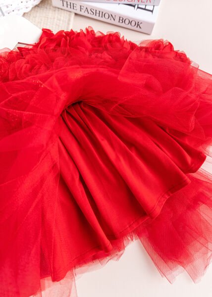 Fiyonklu Güllü Tül Detaylı Şık Dogum Günü Özel Gün Kız Bebek/Çocuk Elbise KIRMIZI - 2 Yaş