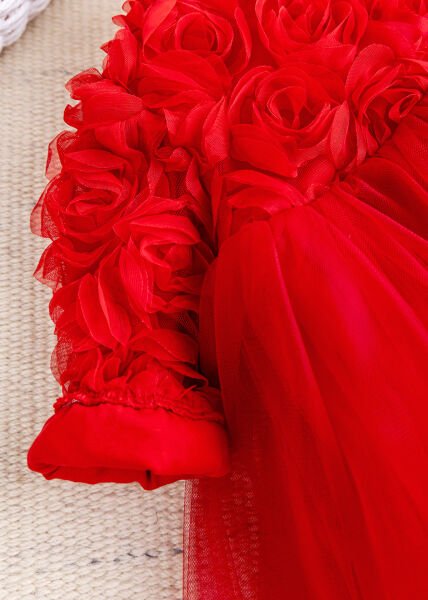 Fiyonklu Güllü Tül Detaylı Şık Dogum Günü Özel Gün Kız Bebek/Çocuk Elbise KIRMIZI - 2 Yaş