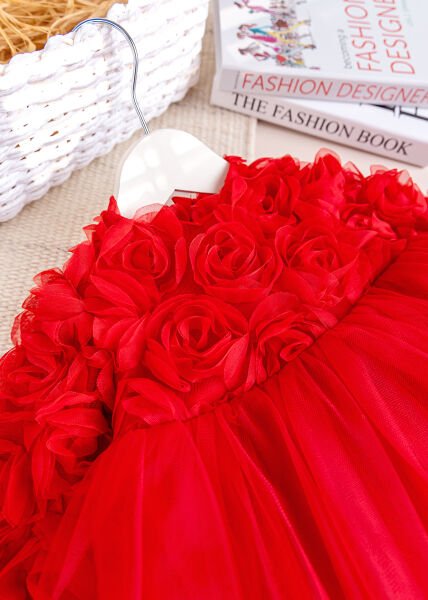 Fiyonklu Güllü Tül Detaylı Şık Dogum Günü Özel Gün Kız Bebek/Çocuk Elbise KIRMIZI - 2 Yaş