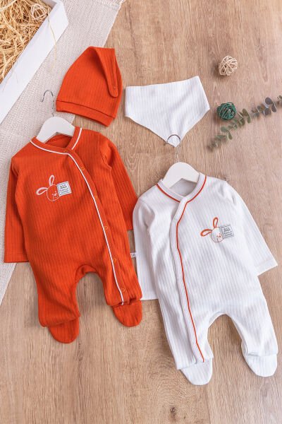 Tavşan Figürlü 2'li Uzun Kollu Kız/Erkek Bebek Tulum Takım Tarçın  - 3-6 AY